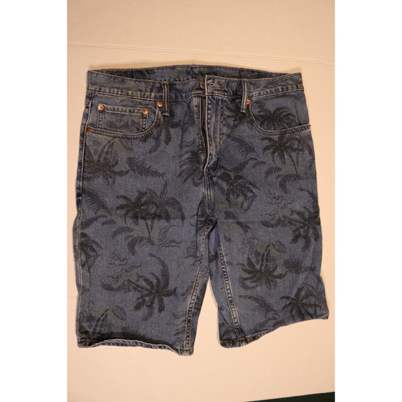 Levi's Men's Regular Size 34 Blue Palm Tree Print Denim 502 Shorts Zip Cotton - Picture 1 of 3